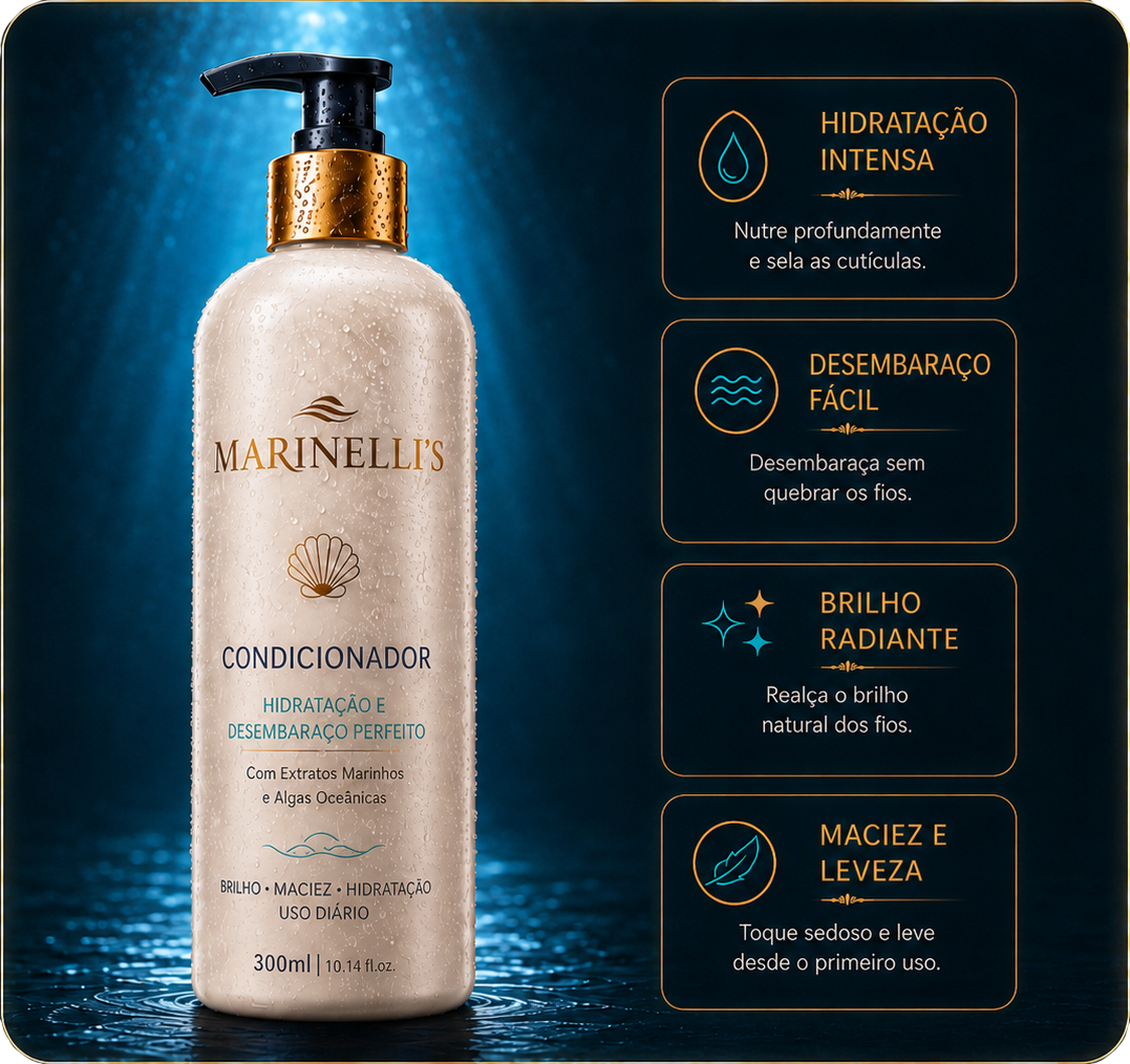 Condicionador Marinelli's Ocean — hidratação intensa, desembaraço fácil, brilho radiante e maciez