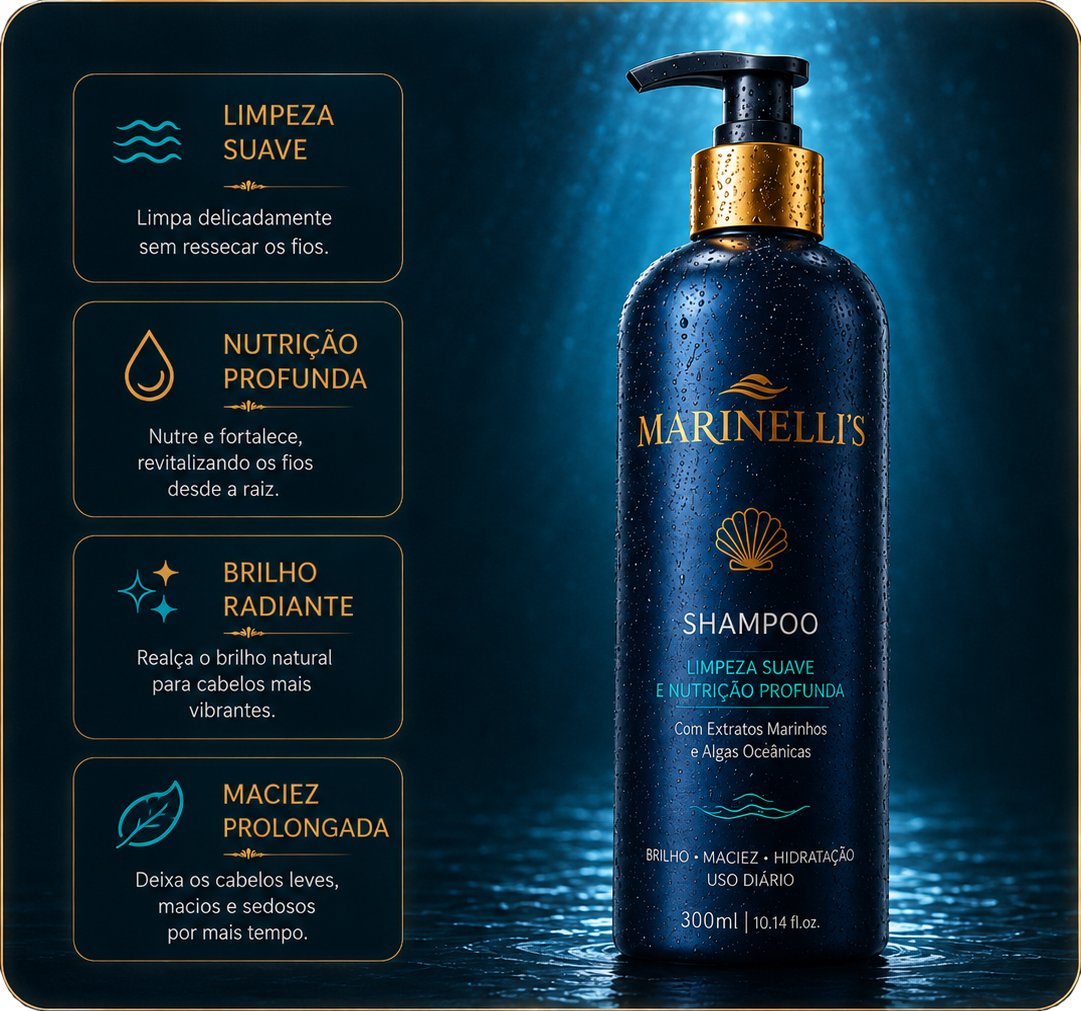Shampoo Marinelli's Ocean — limpeza suave, nutrição profunda, brilho radiante e maciez prolongada